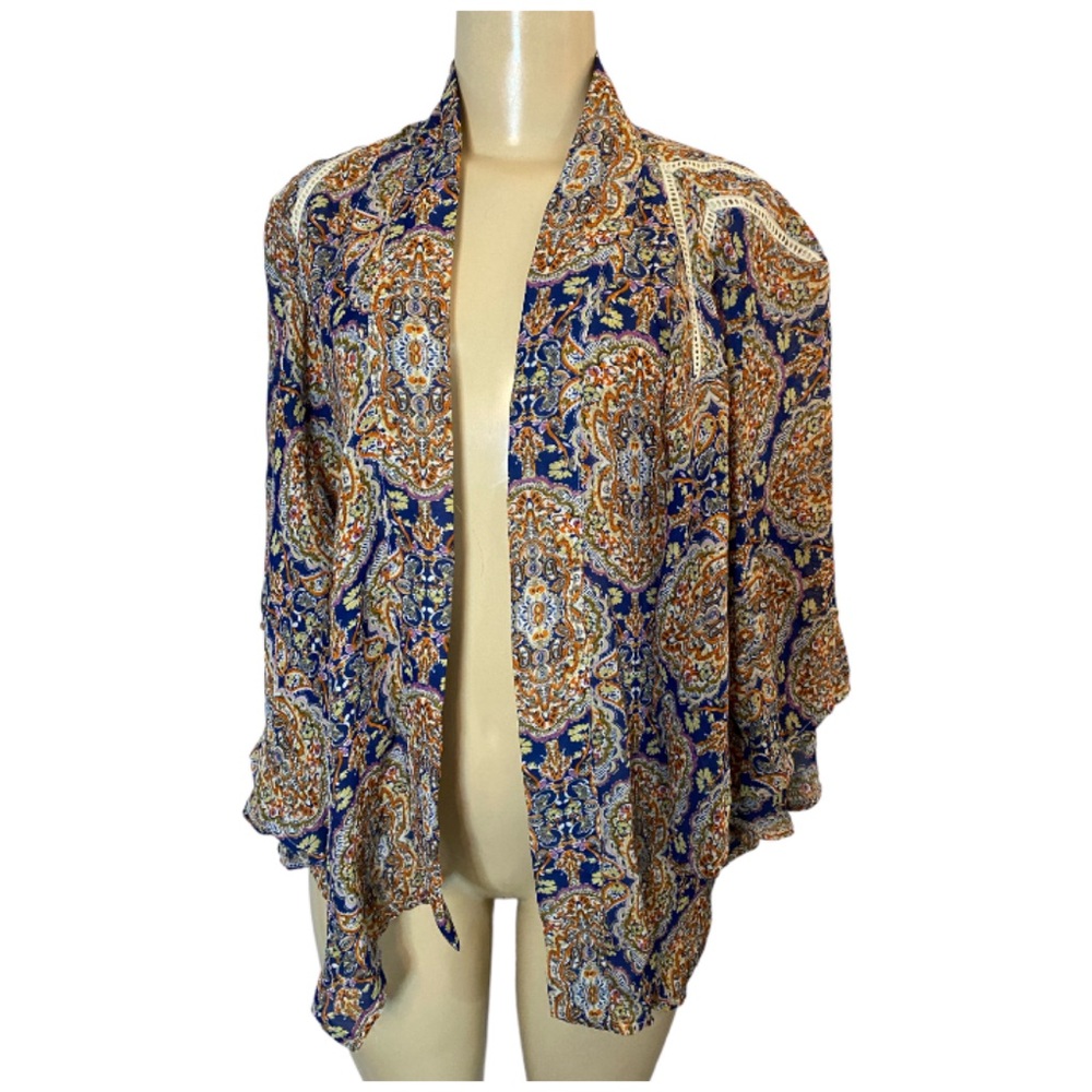 Mika & Gala Blue Multicolor Cardigan Kimono One Size Cotton Blend Paisley Floral